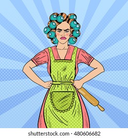 Angry Housewife Pop Art Woman Holding Rolling Pin. Vector illustration