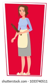 Angry housewife with a rolling pin in her hand. Funny cartoon character