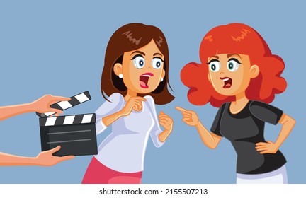 
Angry Housewives Fighting in a Reality Show Vector Cartoon Illustration. Actresses arguing behind the scenes on set creating a toxic workplace environment
