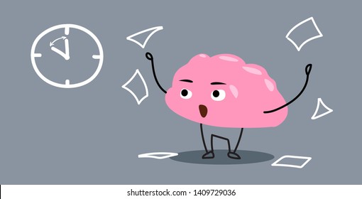 angry human brain organ throwing pader documents deadline stress concept kawaii style pink cartoon character horizontal