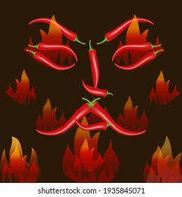 Angry Human Face Made Of Red Chili Pepper, Other Peppers Arranged Around On Yellow Background. Spicy Vegetable That Can Trigger Burning Sensation, Has Own Distinct Taste