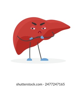 Angry human liver character standing with crossed arms and distrust vector illustration