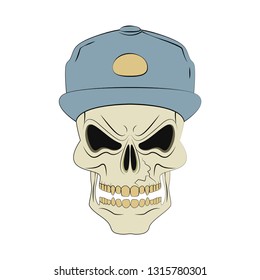 Angry human skull in cartoon style on a white background. Design element for logo, label, emblem, t-shirt or tattoo design. Vector illustration.