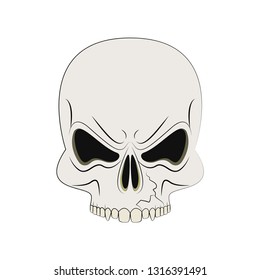 Angry human skull in cartoon style on a white background. Design element for logo, label, emblem, t-shirt or tattoo design. Vector illustration.