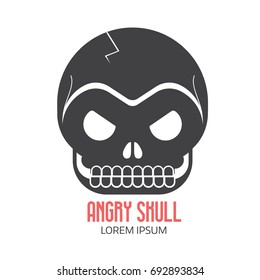 Angry human skull logo or label template in black and white. Skeleton face vector logotype or outline icon.