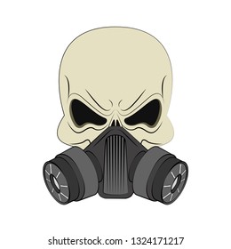 Angry human skull in respirator. Design element for logo, label, emblem, t-shirt or tattoo design. Vector illustration in cartoon style on background.