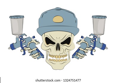 Angry human skull and two spray guns. Design element for logo, label, emblem, t-shirt or tattoo design. Vector illustration in cartoon style on background.