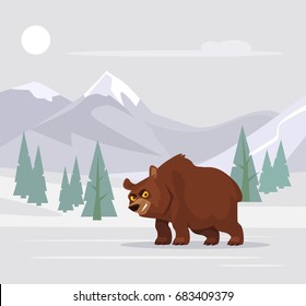 Angry, hungry bear character, not sleeping at winter and walking. Vector flat cartoon illustration
