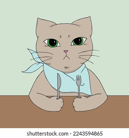Gato enojado y hambriento con un tenedor y un cuchillo. Sentado gato. Dibujo a mano de gato. Gato gris. Diseño de caricaturas infantiles. Arte vectorial