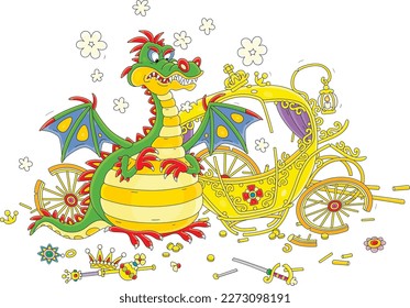 Angry hungry fire-breathing dragon with clouds of smoke ate an unlucky king of a fairytale kingdom and broke his golden carriage, vector cartoon illustration isolated on a white background