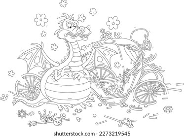 Angry hungry fire-breathing dragon with clouds of smoke ate an unlucky king of a fairytale kingdom and broke his golden carriage, black and white vector cartoon illustration for a coloring book