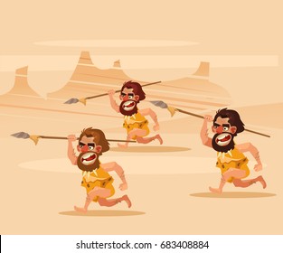 Angry hungry primitive cavemen character chasing running hunting. Vector flat cartoon illustration