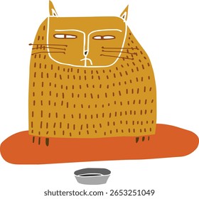 Angry and hungry red cat in front of an empty bowl. Funny, hand-drawn.