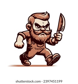 angry hunter mascot walking with a knife vector illustration