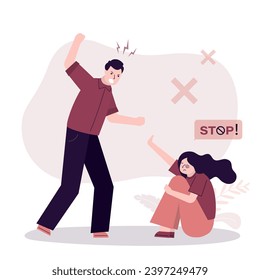 Angry husband or boyfriend threatens scared girl. Stop violence against women awareness. Woman protesting against domestic violence and female abuse, bullying. Social issues. flat vector illustration