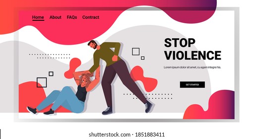 angry husband punching and hitting wife stop domestic violence aggression concept horizontal copy space full length vector illustration