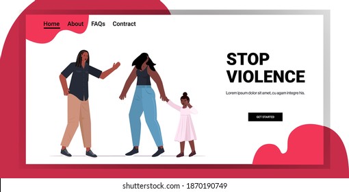 angry husband punching and hitting wife with daughter stop domestic violence and aggression against women horizontal full length copy space vector illustration