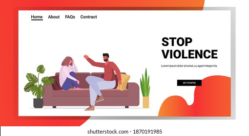 angry husband punching and hitting wife stop domestic violence and aggression against women copy space horizontal full length vector illustration