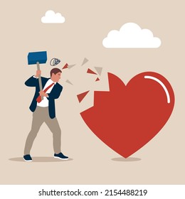 Angry Husband Using Big Hammer To Hit Broken Heart Shape Metaphor Of Family Problem. Marriage Difficulties Problem, Divorce Or Violence Or Painful In Broken Relationship.