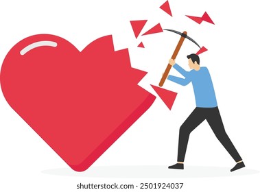 Angry husband using big hammer to hit broken heart shape metaphor of family problem. Marriage difficulties problem, divorce or violence or painful in broken relationship.

