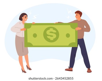 Marido e esposa irritados puxam papel dinheiro em diferentes direções. Casal divide o orçamento familiar. Separação financeira. Luta pela nota grande. Divórcio entre homem e mulher. Pessoas em conflito. Conceito de vetor