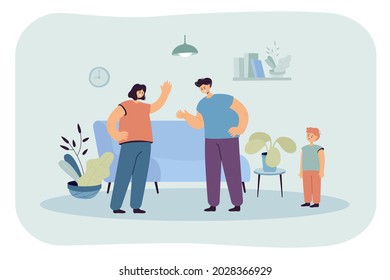 Angry husband and wife sorting things out in front of child. Flat vector illustration. Sad little son watching mother and father arguing. Family, relationship, conflict, divorce, quarrel concept