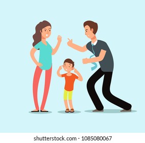 Angry Husband And Wife Swear In Presence Of Unhappy Scared Kid. Family Conflict Vector Cartoon Concept. Illustration Of Man And Woman Divorce