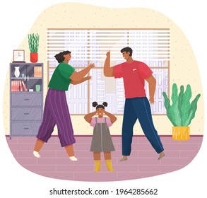 Angry husband and wife swear in presence of scared kid, girl covers her ears with hands. Woman and man shouting, screaming, yelling, fighting, scared child crying. Unhappy marriage. Family conflict