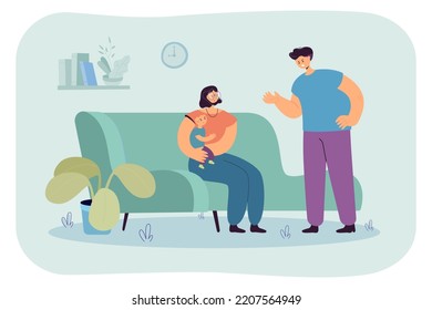 Angry husband yelling at wife sitting on home sofa. Sad woman holding unhappy child flat vector illustration. Family conflict, fight, violence concept for banner, website design or landing web page