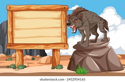 Angry hyena on a rock beside wooden sign