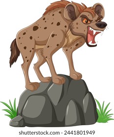 Angry hyena standing on a rock, growling fiercely.