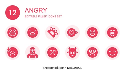 angry icon set. Collection of 12 filled angry icons included Emoticon, Angry, Brass knuckles, Expresso, Happy, Sad, Terrorist, Devil, Emotion