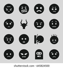 Angry icons set. set of 16 angry filled icons such as bull, sad emot