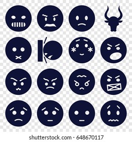 Angry icons set. set of 16 angry filled icons such as bull, sad emot, shy emoji