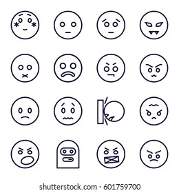 angry icons set. Set of 16 angry outline icons such as sad emot, shy emoji