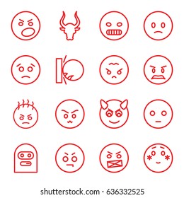 Angry icons set. set of 16 angry outline icons such as bull, sad emot