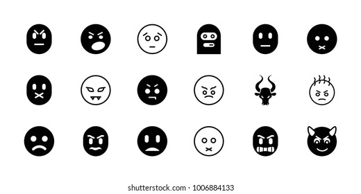 Angry icons. set of 18 editable filled and outline angry icons: sad smiley, sad emot, angry emot