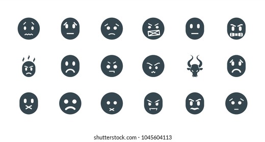 Angry icons. set of 18 editable filled angry icons: sad smiley, sad emot, angry emot, bull