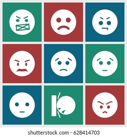 Angry icons set. set of 9 angry filled icons such as sad emot, angry emot, heat the wall emot