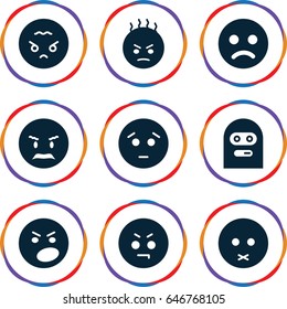 Angry icons set. set of 9 angry filled icons such as sad emot, thief emot