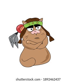 Gato indio enojado.Diseño de niños vectores en un fondo blanco aislado, para carteles postales.Pegatina