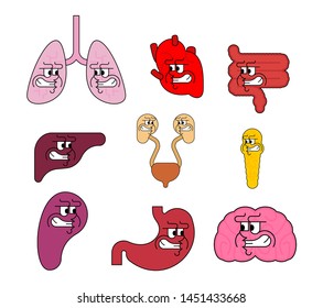 Angry Internal organs set. Evil Anatomy Lungs and liver. stomach and Kidney.
spleen and pancreas. intestines and brain Vector illustration