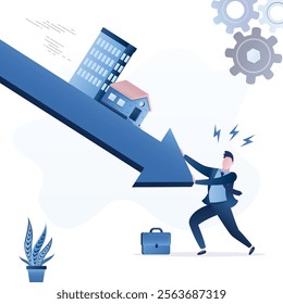 Angry investor or owner push falling housing on graph. Housing price falling down, real estate and property crash, value drop or decline, home loan, rent or mortgage risk concept. vector illustration