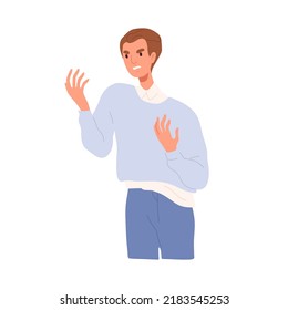 Angry irritated man gesturing in anger, annoyance, rage. Annoyed frowning indignant person. Furious dissatisfied outraged emotion of grumpy guy. Flat vector illustration isolated on white background
