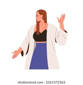 Angry irritated woman shouting, gesturing stop with hand palm. Annoyed furious female character with bad temper, negative emotion, expression. Flat vector illustration isolated on white background