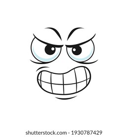 Angry isolated wicked emoticon with toothed face. Vector grumpy sullen emoji, ireful or rageful facial expression. Wrathy sad emoticon with unkind vicious smile, bad character