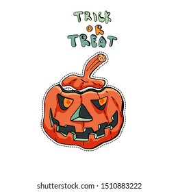 Angry Jack o Lantern. Cute Halloween character sticker. Vector illustration of pumpkin. Text Trick or treat. 