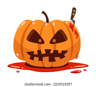 Jota enojada de calabaza de linternas con cuchillo en la cabeza, símbolo de la festividad de Halloween en el charco de sangre roja, aislado en fondo blanco. Ilustración vectorial.