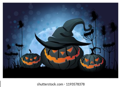 Angry jack o lanterns on full moon vector illustration. Spooky pumpkin in witchs cap on ground. Halloween concept