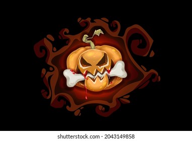 Wütend Jack-o-lantern Kürbis in brennendem Feuer der Hölle und blutigen Knochen im Mund. Das wichtigste Symbol des glücklichen Halloween-Feiertags. Gekochter orangefarbener Kürbis mit erschreckendem Halloween-Lächeln. Vektorgrafik.
